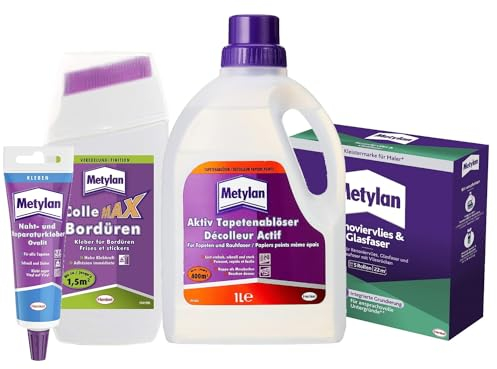 Metylan Renoviervlies & Glasfaser (1x180g) & Metylan Bordüren (1x250g) & Metylan Naht- und Reparaturkleber (1x60g) & Metylan Tapetenablöser Aktiv-Konzentrat (1x 1l)