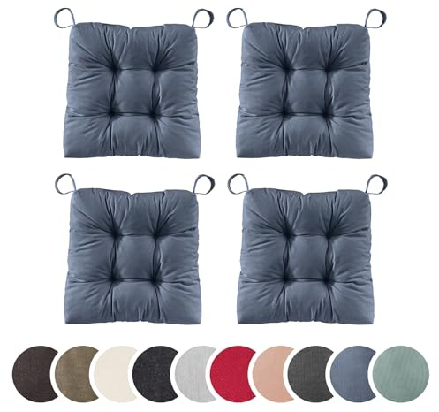sleepling 4er Set Stuhlkissen 40(vorne), 35(hinten) x 38 x 7cm, Jeans Blau | Sitzkissen für Stuhl & Bank mit Klettverschluss, 100% Baumwolle, Indoor & Outdoor, Made in EU, Waschbar, 4 Stück