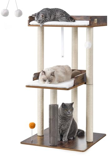 FourFurPets 111 cm kattträd, modernt klösträd, torn för stora vuxna huskatter, stort klösträd med klöspelare, kattgrotta för vuxna katter, rustik brun