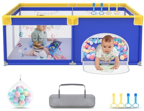 UISEBRT Lekhage för babylekhage 150 x 180 cm lekhage för baby med 50 havsbollar och 4 dragringar, bärväska, vikbart lekgaller med ventilerande nät för barn, blå med djurmotiv