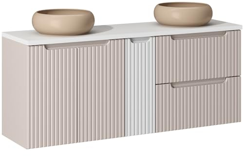 Lomadox Badezimmer Doppelwaschtisch 140cm mit 2 Aufsatz-Waschbecken, Kaschmir und weiß, gerillte Front