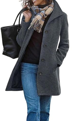 utcoco Women's Casual Thicken Single Breasted Pea Coat Stand Collar Mid Long Wool Coats with Pockets