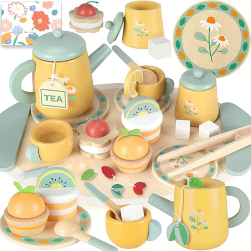 UCAMP Set da Tè in Legno per Bambini - 23pcs Accessori Cucina Giocattolo con Accessori - Regalo per Bambine 3+ Anni
