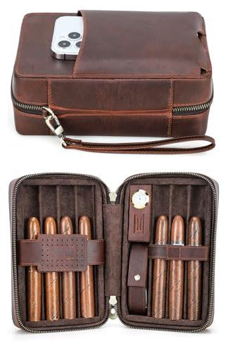 Hiram Cigar Case - Humidor de puros de piel auténtica, portátil, multifuncional, caja de viaje para tabaco, bolsa de almacenamiento para hombres, 5023-café, For 7 Cigars
