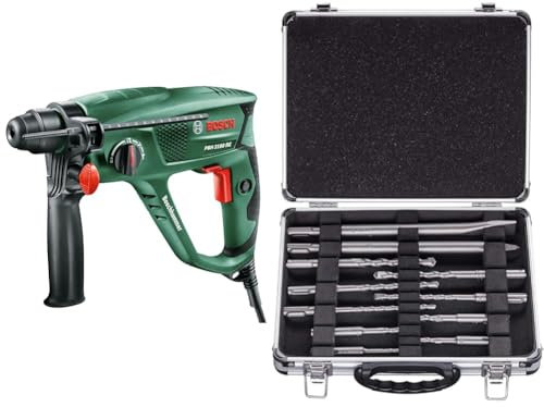 Bosch Home and Garden Rotary Hammer Pbh 2100 Re, 550 W, SDS Plus Chuck Fast, Keyless Accessory Changes, in Carrying Case + 11-Pcs SDS Plus Mixed Hammer Drill Bit and Chisel Set (for Concrete Masonry)