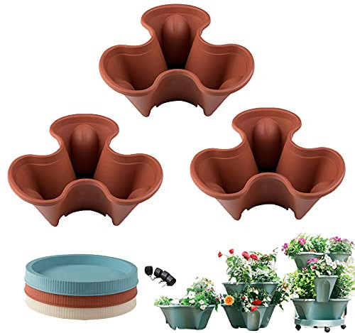 Jardinière de jardin empilable en plastique à 3 niveaux avec fonction d'arrosage automatique - Pots de plantation de fraises verticaux pour empiler des plantes - Couleur rouge