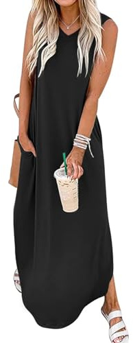 Chicrise Robe Longue Femme D'éte Robe Maxi sans Manches Col V Robe Plage avec Fendue Décontracté Noir Petit 34-36