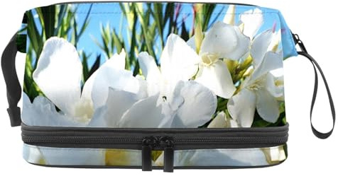 White Oleander Double Layer Cosmetic Bag for Women and Girls, Travel Toiletry Bag Makeup Handy Pouch Organiser Bag with Brush Compartment