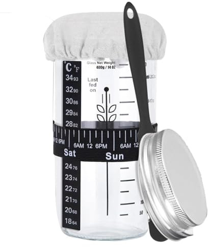Barattolo di vetro per lievito naturale, kit per pasta madre Starteer, barattolo per lievitazione naturale con coperchio in metallo con raschietto e coperchio in metallo, barattolo per pasta madre a