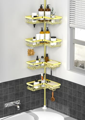 KEGII Teleskop Duschregal - Teleskopregal Bad Gold Duschablage Ohne Bohren Edelstahl Duschkorb Ecke Teleskopregal Dusche Eckregal Badezimmer