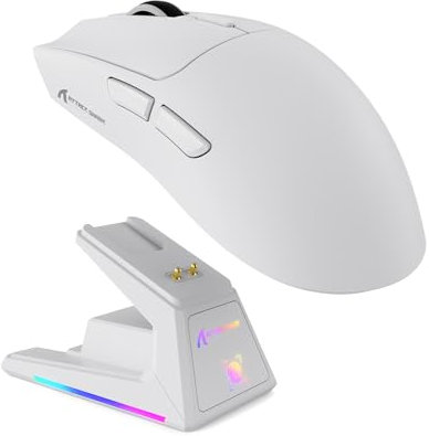 MAMBASNAKE Attack Shark X1 Mouse da Gioco 49g Leggero con Dock di Ricarica Touchpad, Sensore Gaming PAW3395 PRO 40K DPI, Mouse da Ufficio Wireless/Cablato BT/2.4G per PC/Mac/Win11/PS - Bianco