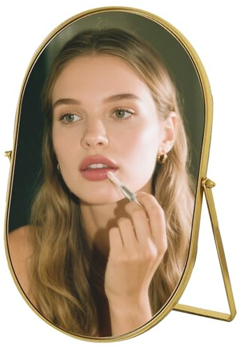 XDGBGFN Dressing Table Mirror Oval Gold Desk Mirror Metal Frame Portable 360° Swivel with Stand for Vanity Dresser Bedroom