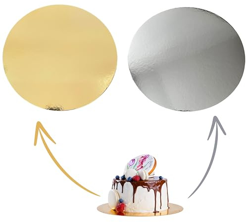BWELY Cake board - Ø 25 cm - 5 Stück - Rund Tortenunterlagen - 3mm - Beiseitig verwendbar Gold & Silver - Tortenteller, Pappe Tortenplatte