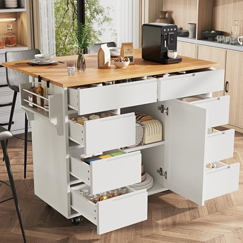 Wyibwy Carro de cocina 111 x 40 (74,5) x 91,5 cm, isla de cocina sobre ruedas con superficie de trabajo plegable, isla de cocina con especiero y 8 cajones, carro de comedor con vetas de madera, blanco