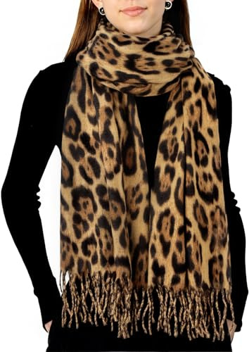 Kotashion Femme Écharpe Chaude à Imprimé Léopard Animal Motif Châle Élégant de Soirée Avec Pompons Foulard D'hiver en Cachemire Cadeau pour Femme