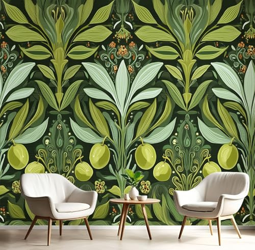Fotomurales Hoja De Olivo Étnica 250X175Cm Papel Pintado Decoración De Pared Plantas Barrocas, Murales Póster Verde Oscuro Efecto 3D, Decorativos Murales Para Dormitorio Salón Tv Pared