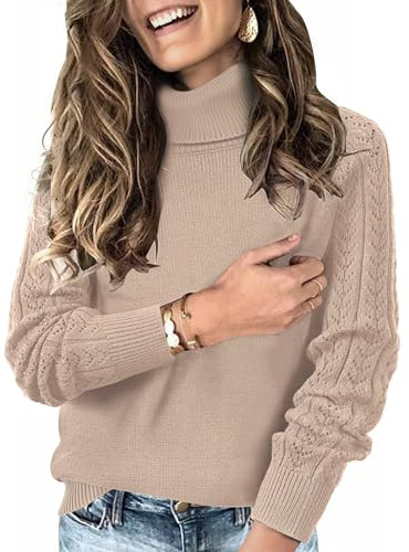 Tanmolo Jersey de Punto Cuello Alto Mujer Manga Larga con Bordado Calado en Las Mangas Tejido Suave Talla Regular para Otoño Invierno Beige, XL