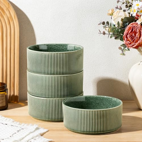GBhome Stengods flingskålar set med 4, handgjorda keramiska skålar set för frukostsoppsallad, eleganta köksskålar för måltider, säker för diskmaskin och mikrovågsugn, reaktiv glasyr – Evergreen