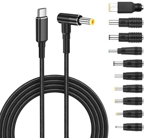 PNGKNYOCN 100W USB C to DC 5.5x2.5mm Charger Cable with 10 Interchangeable Tips, 90 Degree Angled Fast Charging Power Supply Cord for Laptops Cameras, Routers, Power Bank（1.8M）