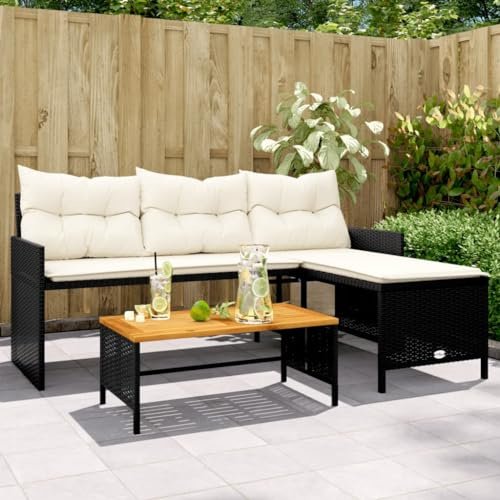 Hoopleep Gartensofa L-Form, Schwarz Poly Rattan Loungeset mit Couchtisch, Cremeweißen Kissen, 3-Sitzer Modulares Sofa für Terrasse, Balkon, Außenbereich