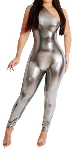 Générique Tuta da donna in metallo sexy asimmetrica a spalla scoperta senza maniche aderente pagliaccetto tuta da lavoro uomo usa e getta, grigio, XL