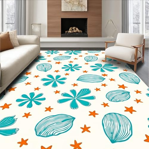 ODIKA Flatwoven High Traffic Area Rug 5x7, Waves Punch Needle with Shells and Starfish Motifs, Non Slip, Stain Resistant, Washable Area Rugs for Living Room, Bedroom (Blue, 5x7, Pad)