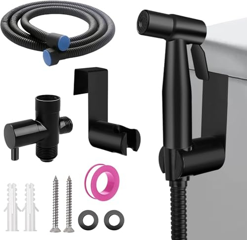 Handheld Bidet Sprayer Kit, Stainless Steel Toilet Bidet Shower with T-Valve Adapter & Hose, Easy Install Shattaf for Personal Feminine Hygiene, Baby Diaper, Pet Bath and Toilet Cleaning (Black)
