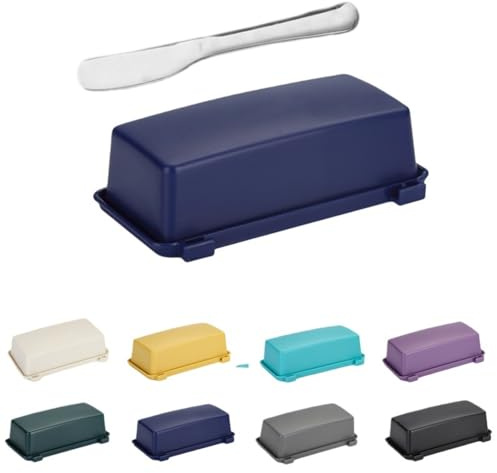 Mantequillera con tapa y cuchillo de acero inoxidable, recipiente de mantequilla de cocina apto para lavavajillas para decoración del hogar y regalo ideal de cocina (azul oscuro)