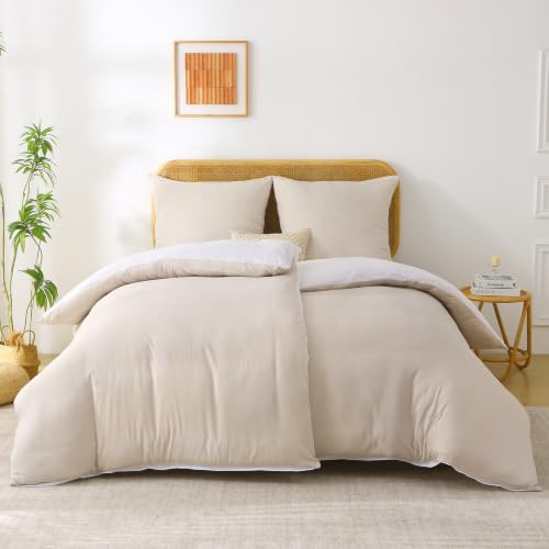 softan Bettwäsche 135x200 4teilig Beige Weiß- 2 Bettbezüge 135x200 cm mit 2 Kissenbezüge 80x80 cm, Wendebettwäsche Mikrofaser mit Reißverschluss, Bettwäsche-Sets Weich und Bügelfrei