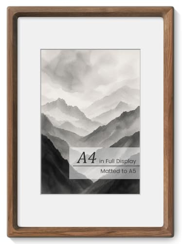 KovaScape Picture Frames, Solid Oak Wooden Frame,Round Corner Hand Craft Photo Frame, A4 Size Matted to A5, A4 Document Diploma Frame with HD Real Glass,Wall or Tabletop Display