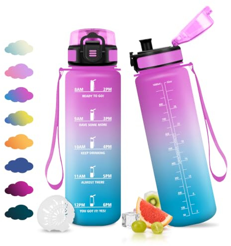 JAPORIA Bottiglia Acqua 1L, Borraccia con Filtro, A Prova di Perdite, Borracce con Scala Temporale, Senza BPA, Riutilizzabile, per Campeggio, Outdoor, Yoga, Sport