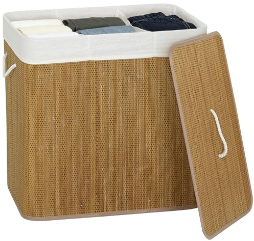 HOMCOM Cesto Portabiancheria in Bambù con Coperchio, 144L, Cesto Biancheria Sporca con 3 Scomparti, Sacca Interna Removibile e Lavabile, Maniglie, 60x40x60 cm, Marrone