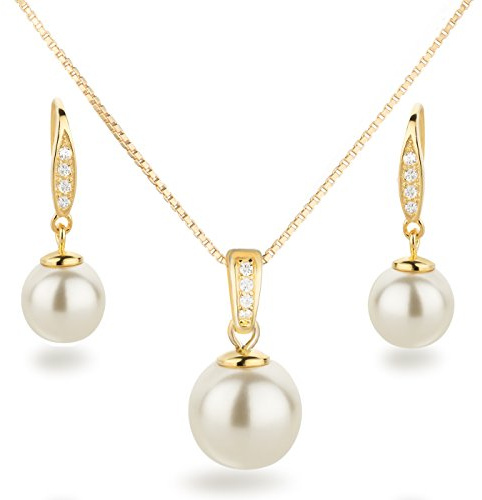 Schöner-SD Schmuckset Perle 925 Silber vergoldet Anhänger Kette Ohrringe cremeweiß
