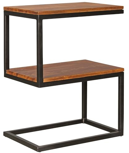 Wohnling Beistelltisch Akola S-Form 45x30x60 cm Sheesham Metall | Wohnzimmertisch im Landhausstil mit Schutzlack, Anstelltisch massiv, handgefertigtes Unikat, Couchtisch klein