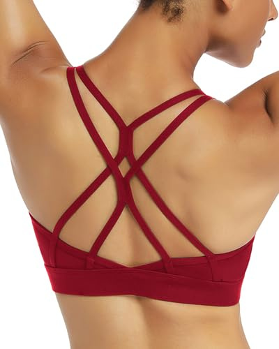 RUNNING GIRL Strappy Sports Bra for Women Sexy Crisscross Back Light Support Yoga Bra with Removable Cups, Wine Red, M