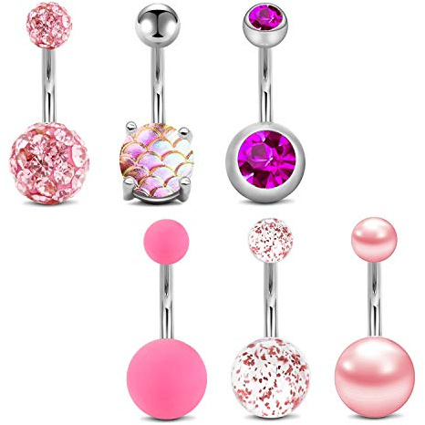 Mayhoop Piercing Nombril Acier Chirurgical CZ & Boule 6-12pièces 14G Anneau de Nombril Clou Piercing de Ventre 10mm Femme Homme Bijoux de Piercing