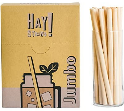 HAY! Straws | Jumbo Tall 8 Drinking Straws | 250 Count Bulk Straws | 5-7.5mm Diameter | Reed Stem Straws |100% Plant-Based | Certified Compostable Disposable Straws