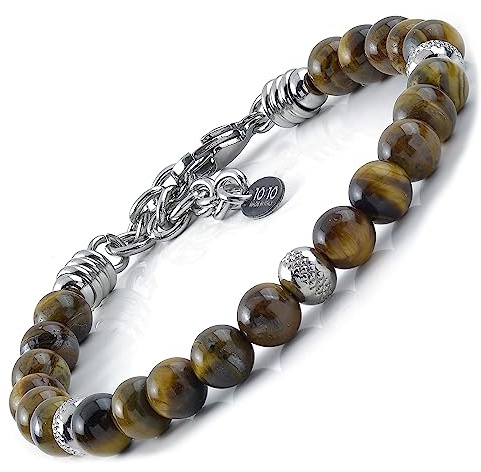 10:10 Bracciale con pietre naturali occhio di tigre, beads in acciaio inox, prodotto in Italia
