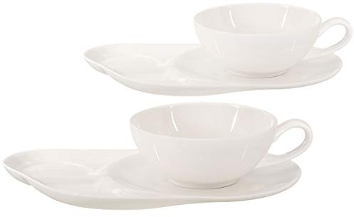 Buchensee Teetassen Set Lena aus Crystal Bone China Porzellan. 2 Tassen je 200ml + Untersetzer mit praktischen Ablageflächen in fein-cremigen Weiß