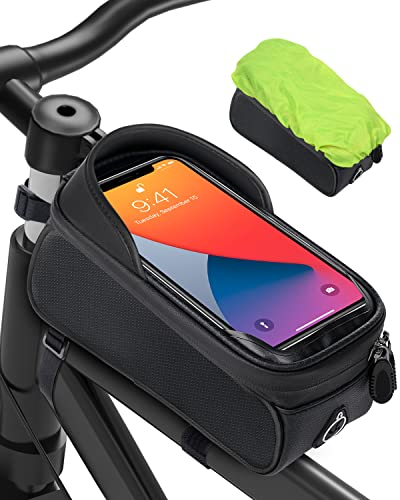 Fahrradtasche, Fahrradrahmen, Handyhalterung, Rahmentasche, Lenkertasche, Handyhalterung, Obere Tasche mit Helmloch für Smartphone unter 6,8 Zoll (Schwarz)