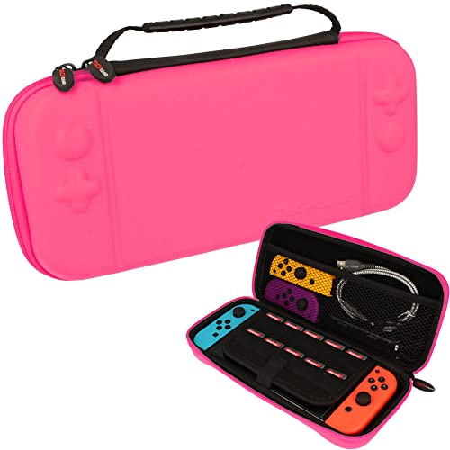 TECHGEAR Switch OLED Coque - Étui Housse de Protection, Pochette De Transport, Rigide de Rangement Coque Compatible avec Nintendo Switch OLED, 10 Fentes pour Cartes de Jeu + Accessoires [Rose]