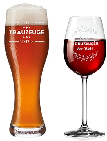 polar-effekt Weizenglas und Weinglas 2er-Set mit Wunschmotiv Gravur - im Set - Hochzeitsplanung, Trauzeugen - Mann und Frau - graviertes Geschenkset - Bier, Wein - Motiv Trauzeuge & Trauzeugin