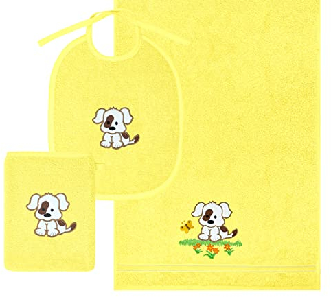 Lashuma Geschenk Set Babyhandtücher Motiv:Hund, Badetuch 50x90cm, Waschlappen 15x21cm, 1x Lätzchen Bestickt gelb