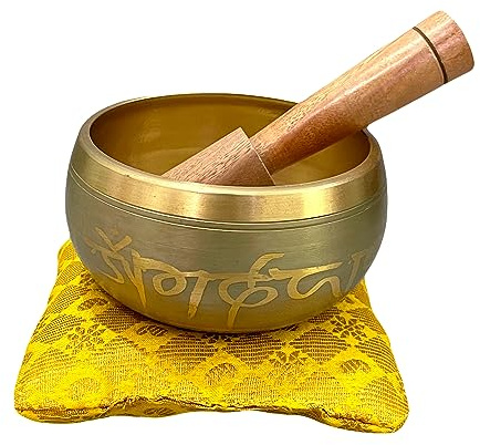 WIGANO Klangschale für Stressabbau, Meditation, 8,9 cm, mit Schlagstock und Glockenklang, Grau
