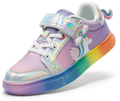 DREAM PAIRS Girls Fashion Trainers Slip-On (Little/Big Kids) - Lightweight Mesh Gym & School Shoes for Girls, Protective Toe,Size 8 Little Kid,Rainbow/Silver,SDFS2308K