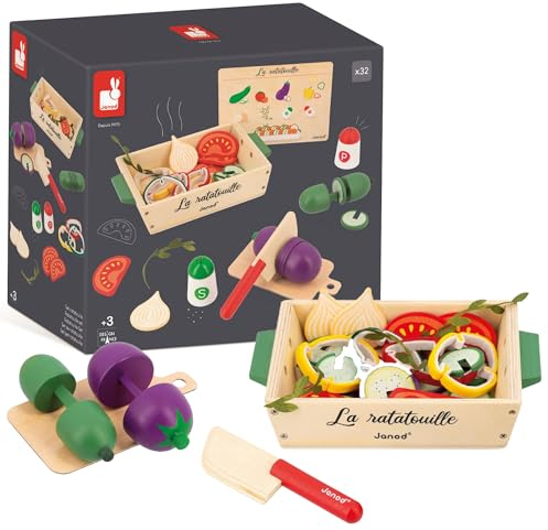 Janod - Set Ratatouille - 32 Accessori da Cucina - Ricetta + Utensili + Verdure - Giocattolo di Imitazione - In Legno FSC - Dai 3 Anni, J06626