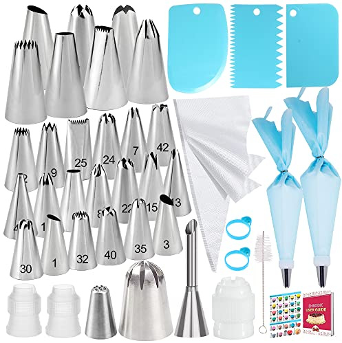 Makmeng Piping Bags and Tips Set - 50Pcs Cake Decorating Supplies Kit with Icing Frosting Nozzles,Icing Scrapers,Reusable & Disposable Pastry Bags - Baking Tools for Cookies,Cupcakes Cake Decorating