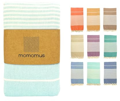 MOMOMUS Fouta XXL, Sandfrei, mit Fransen - Großes Strandtuch XXL, aus Baumwolle, Sandabweisend - Ideal für Picknicks am Strand - Türkis, 210x240 cm