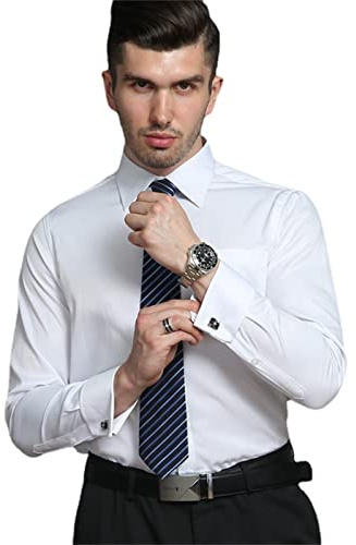 MAOAEAD Chemise à manches longues classique pour homme - Poignets français rayés - Poche plaquée unique - Chemise d'affaires standard - Blanc (boutons de manchette aléatoires), 44/4XL