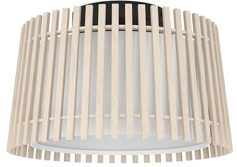 EGLO Deckenlampe Fattoria, runde Deckenleuchte | Schlafzimmer und Wohnzimmer, helles Holz und Stoff weiß, Fassung E27, Ø 38 cm